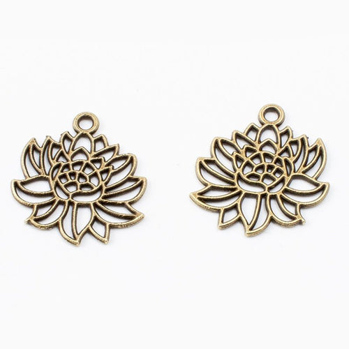 Close-up view of the layered lotus flower metal charms in two finishes showing its front and reverse metal details.