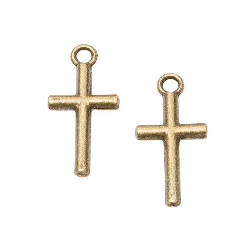 Close front view of simple cross charm showing smooth rounded bars and a circular top loop