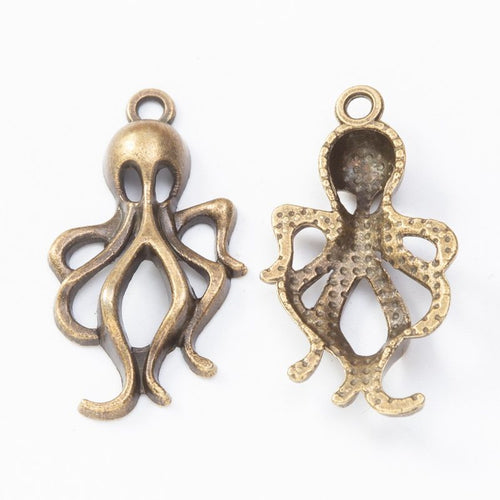 Close-up view of the detailed octopus metal charms in two antique finishes showing its front and reverse metal details.