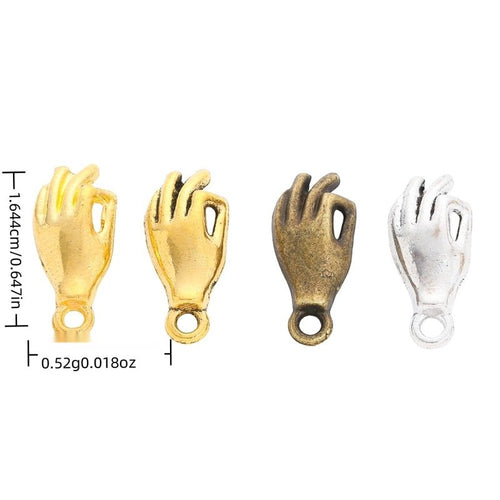 Bright Gold, Antique Bronze, Antique Gold, Antique Silver hand gesture charm shown in a detailed product view