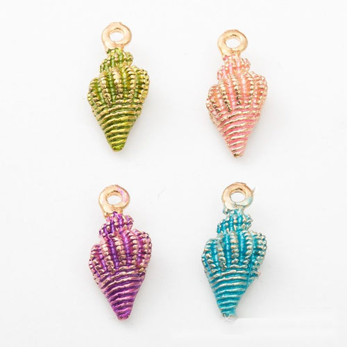 Front and reverse views of the ribbed conch shell metal charms in four bright colors