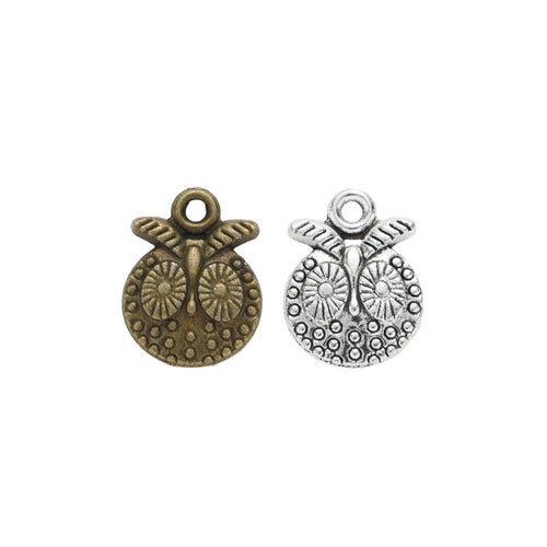 Round Feather Owl Charm front and reverse details on a white background