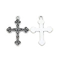 Ornate Cross Charm with scrollwork across a broad cross silhouette in 2 Metal Finishes view 2