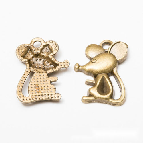 Antique Bronze, Antique Silver sitting mouse charm shown in a detailed product view