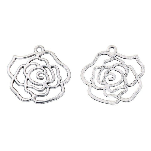Closer product view of open rose outline charm shown against a plain background.