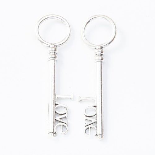 Front and reverse details of Love key charms on a white background