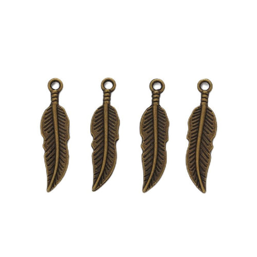 Slender Feather-Shaped Metal Charm Pendants shown in a angled detail view on a plain background