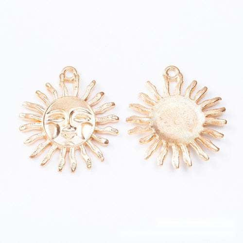 Close view showing the front and reverse details of the smiling sun charm