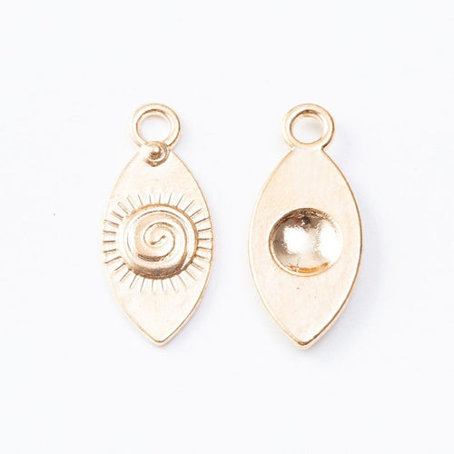 Close view showing the front and reverse details of the spiral eye teardrop charm