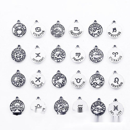 Close-up view of the mixed zodiac symbol metal charms in two finishes showing its front and reverse metal details.