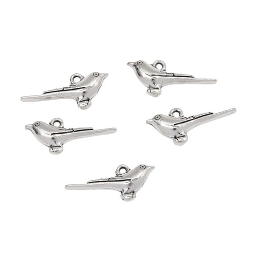 Antique Silver long tail bird charm shown in a detailed product view