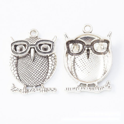 Front and reverse details of owl charms on a white background