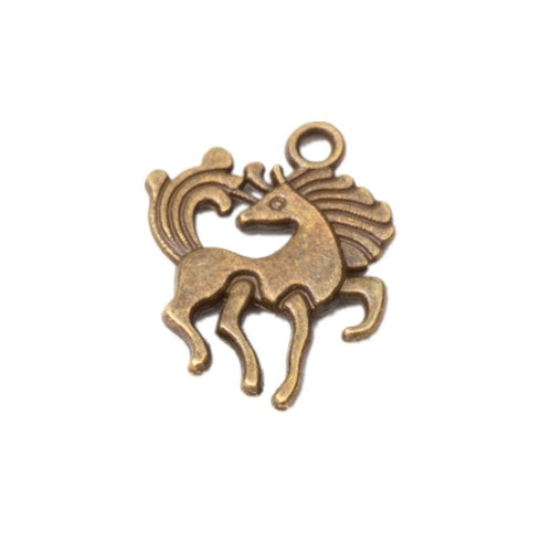 Close-up view of the rearing horse metal charms in four metallic finishes showing its front and reverse metal details.
