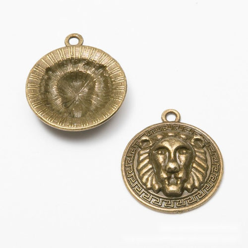 Round Lion Head Medallion Charm in an antique tone shown from the front