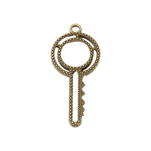 Close view of the round head key charm surface and relief