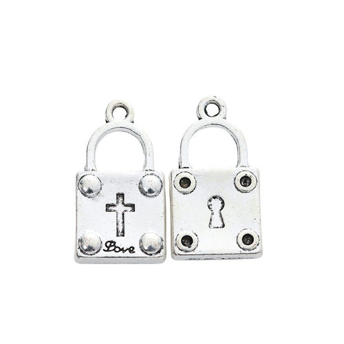 Angled detail views of love lock charms