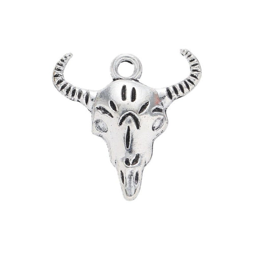 Front and reverse details of the longhorn bull skull metal charm pendant