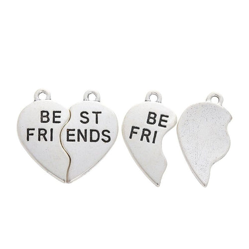Front detail of best friends split heart block letter metal charm