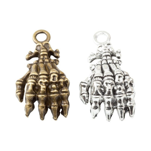 Skeleton Hand-Shaped Metal Charm Pendants shown in a angled detail view on a plain background