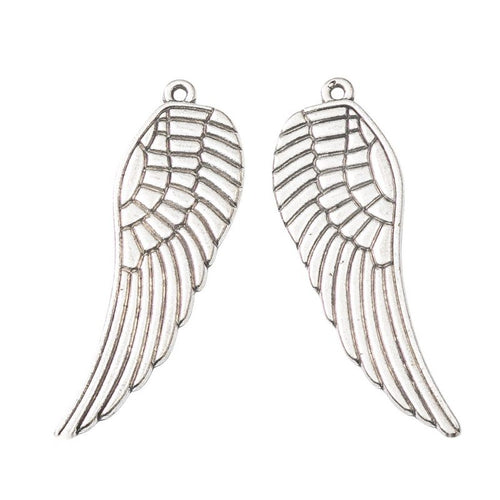 Close view showing the front details of the long feathered wing charms