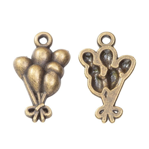 Front and reverse views of the balloon bouquet metal charms in two antique finishes