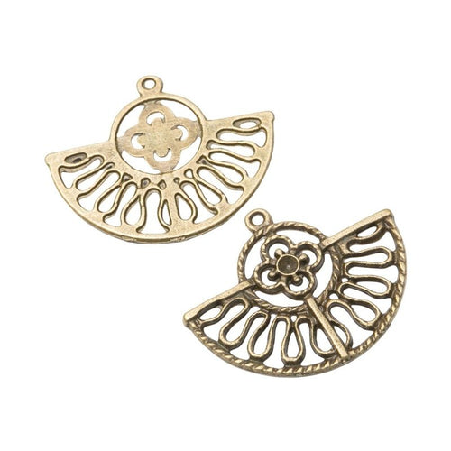 Close view of the openwork fan charm showing its raised front pattern