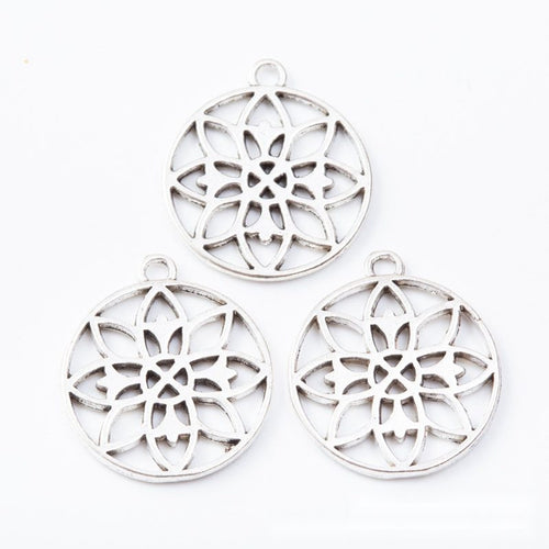 Round openwork connectors with a layered floral pattern shown from the front on a white background.
