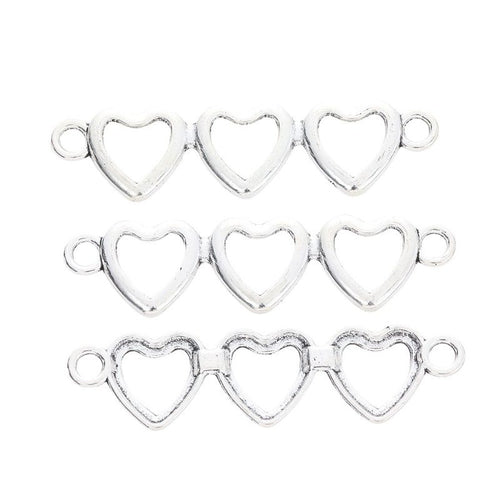 Three linked open hearts with a loop at each end shown in front detail view