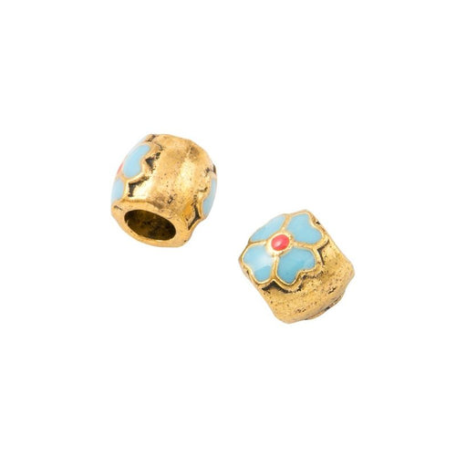 Rounded large-hole flower bead in plain relief and blue enamel styles shown in front detail view