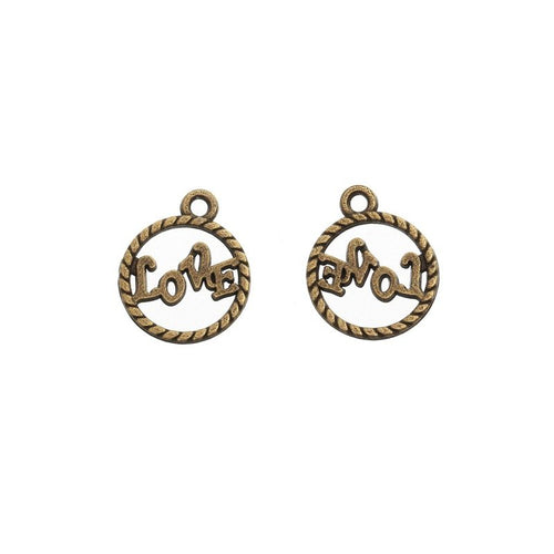 Metal openwork love script charm, front detail shown in the product image