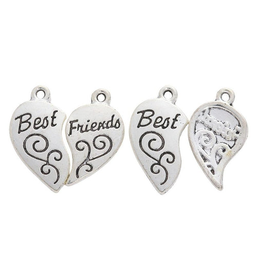 Front detail of best friends split heart script metal charm