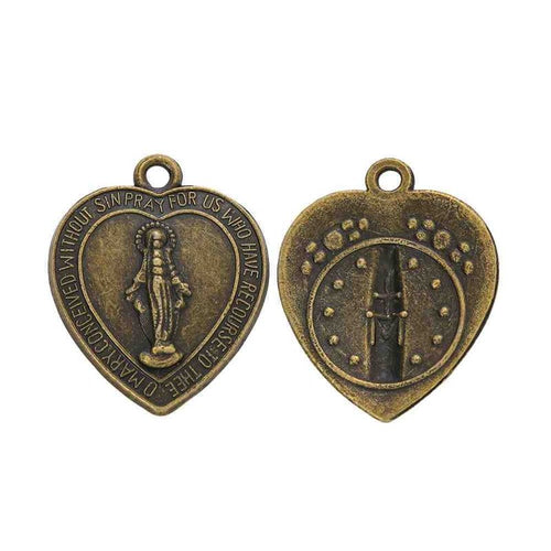 Virgin Mary medal charm shown in front and reverse details