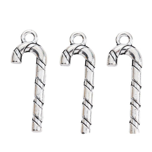 Front detail of striped candy cane metal charm