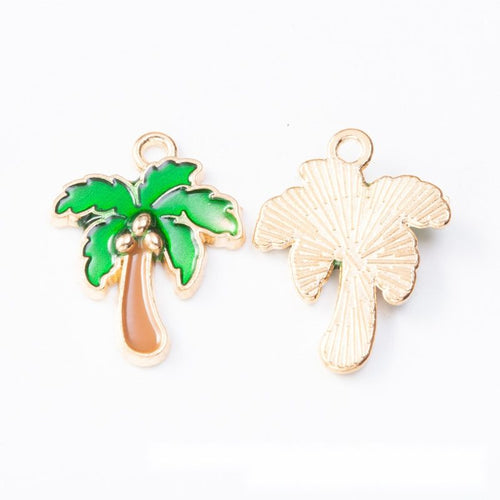 Front and reverse details of tropical plant charms on a white background