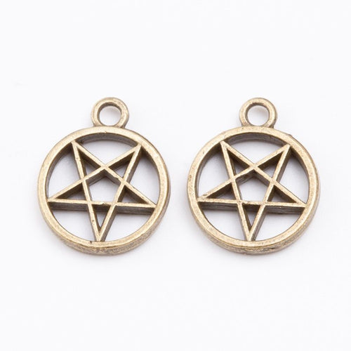 Circle and Star Cutout Metal Charm Pendants shown in a angled detail view on a plain background