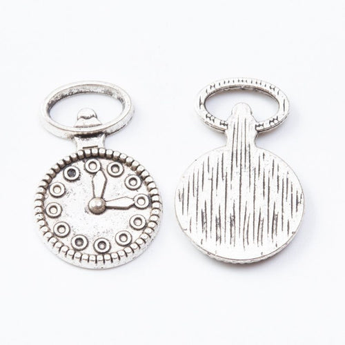 Close view showing the front and reverse details of the round pocket watch charm