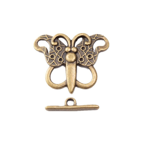 Butterfly-shaped toggle clasps with openwork wings shown from the front on a white background.