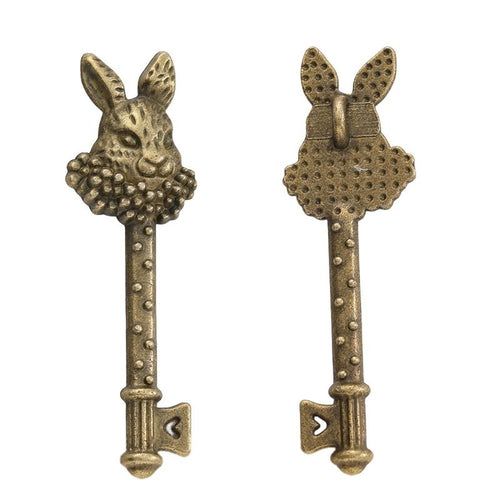 Front detail view of one pictured finish of rabbit head skeleton key charms