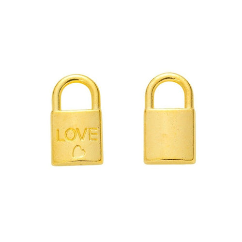Close front view of LOVE padlock charm showing a raised word, tiny heart, and rounded shackle