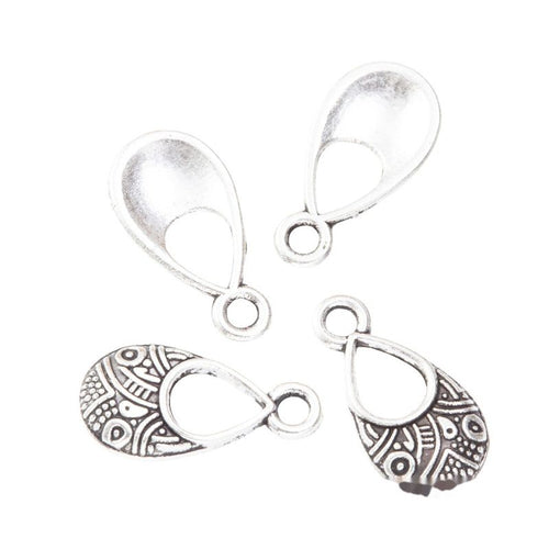 Front and reverse views of the engraved teardrop openwork metal charms in two finishes