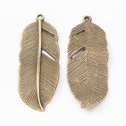 Antique Bronze, Antique Silver large feather charm shown in a detailed product view