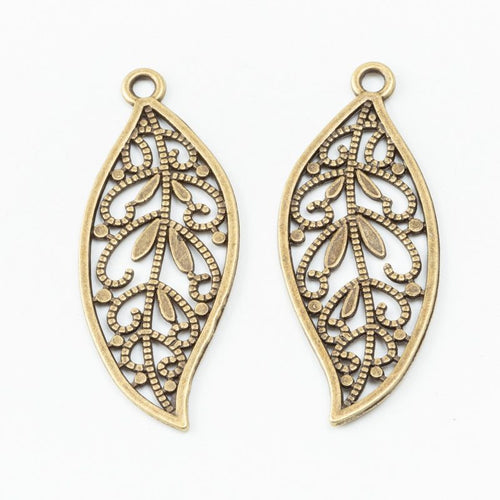Openwork Filigree Leaf Charm in an antique tone shown from the front