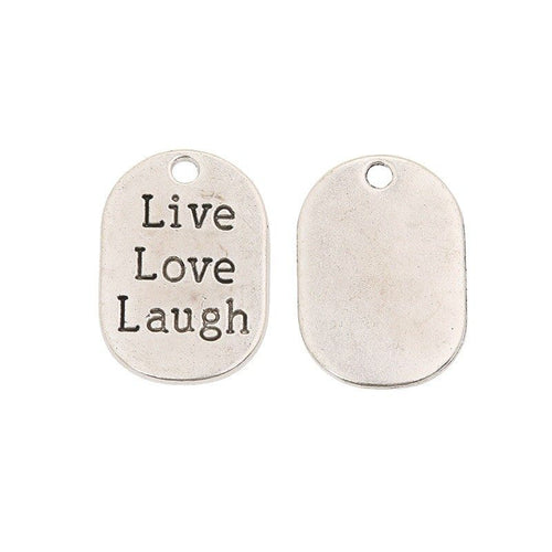 Close view of the Live Love Laugh tag charm surface and relief
