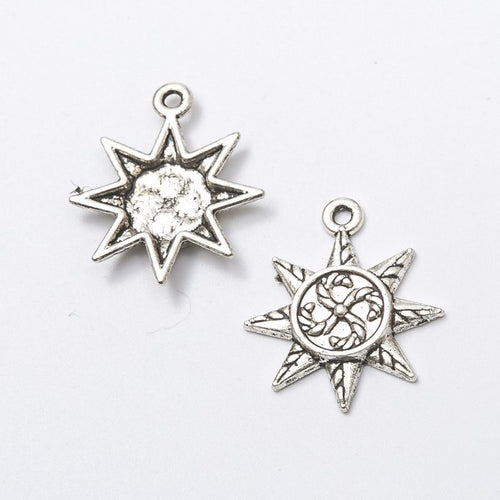 Close front and reverse view of the metal eight-point sun charm