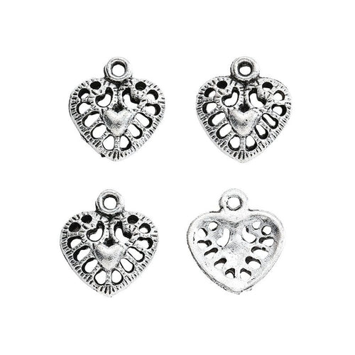 Alternate product view of openwork floral heart charms on a white background
