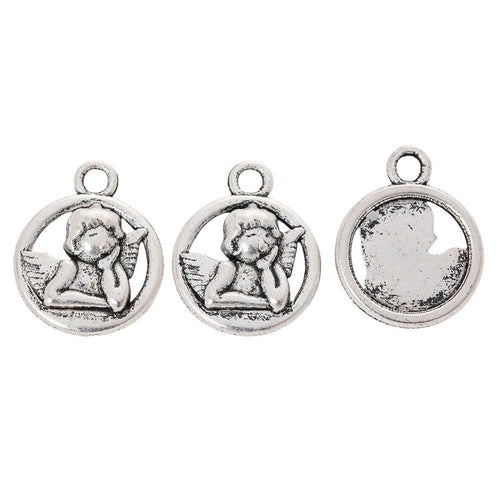 Round medallion charm with a raised resting cherub and open border shown in front detail view