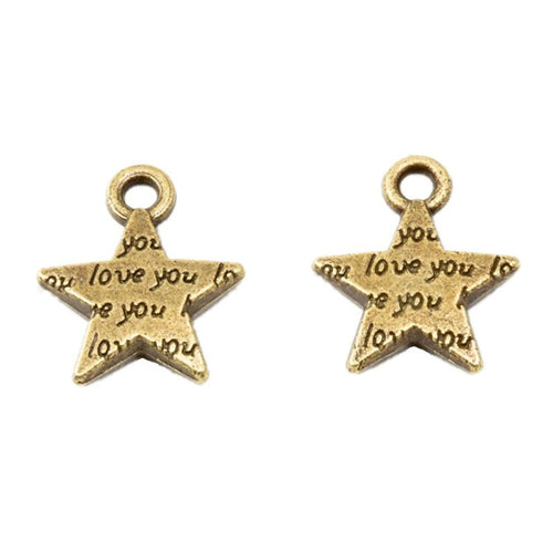 Close-up view of the i love you star metal charms in two finishes showing its front and reverse metal details.