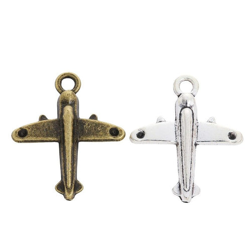 Front-view airplane charms with broad wings and a top loop shown from the front on a white background.