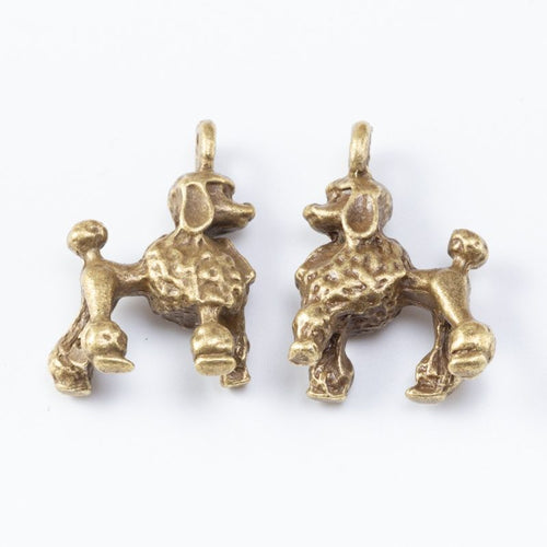 Standing dog charms with curled tails and textured coats shown from the front on a white background.