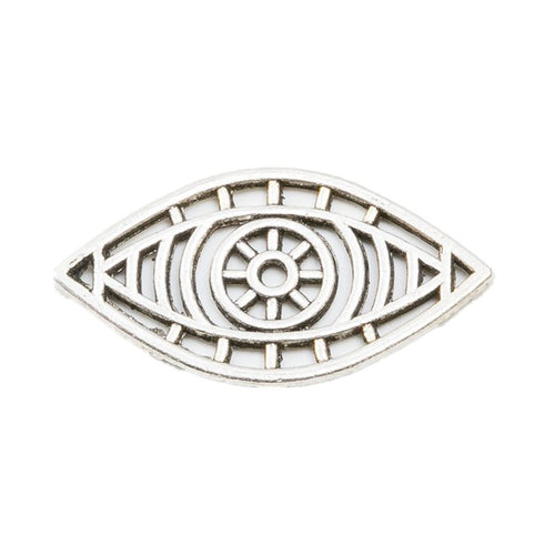 Close front view showing the shape and recessed details of the openwork eye connector charms